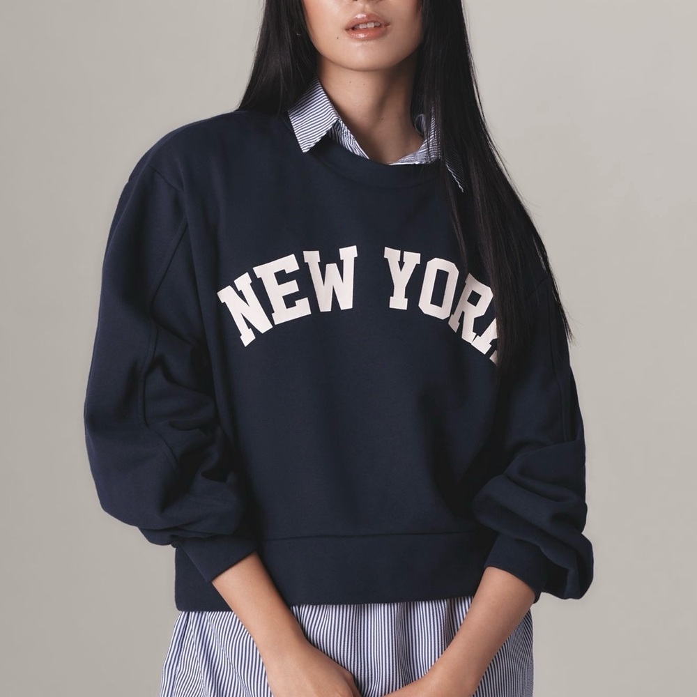 Blue and White Oversized Sweatshirt with Dress Shirt Collar by En Elly NWT